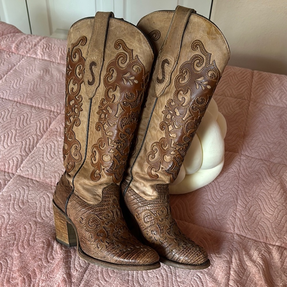 Brown Embroidered Heeled Boots